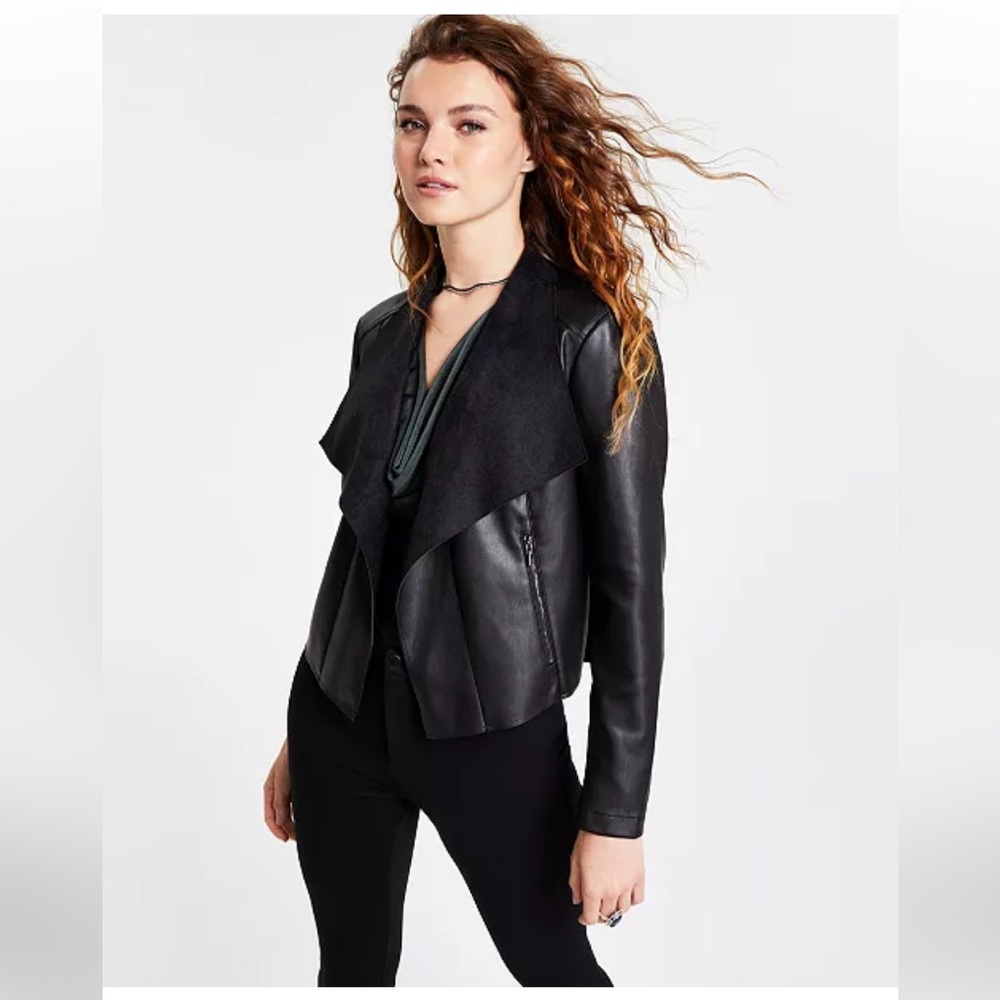 Bar III Black Faux Leather Draped Jacket with Suede-Look Collar